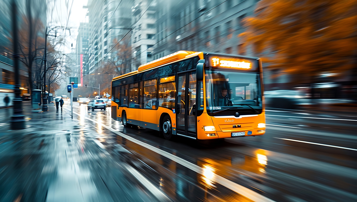 an old yellow / orange bus is driving on a city streets.  - Motion blur at night.